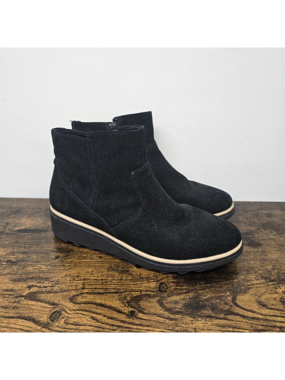 Clarks Sharon Swing Wedge Boot Womens US 9 Black Suede Leather Zip Ankle Bootie